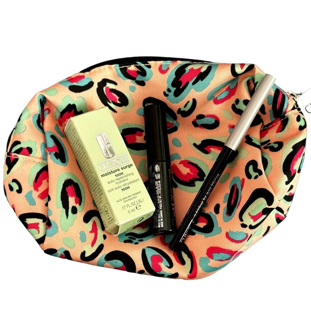 Clinique Cosmetics Bag Makeup Leopard Print Travel Mascara Quickliner Moisturize